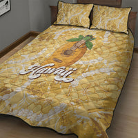 Hawaiian Mango Ukulele Quilt Bed Set Retro Yellow Hibiscus Pikake Lei