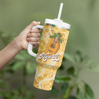 Hawaiian Mango Ukulele Tumbler With Handle Retro Yellow Hibiscus Pikake Lei