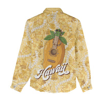 Hawaiian Mango Ukulele Women Casual Shirt Retro Yellow Hibiscus Pikake Lei