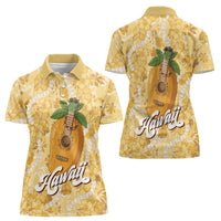 Hawaiian Mango Ukulele Women Polo Shirt Retro Yellow Hibiscus Pikake Lei