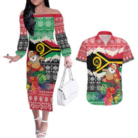 Personalised Vanuatu Joyeux Noel Couples Matching Off The Shoulder Long Sleeve Dress and Hawaiian Shirt Proud To Be a Ni-Van Sand Drawing Art LT9 Red - Polynesian Pride