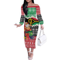 Personalised Vanuatu Joyeux Noel Family Matching Off The Shoulder Long Sleeve Dress and Hawaiian Shirt Proud To Be a Ni-Van Sand Drawing Art LT9 Mom's Dress Red - Polynesian Pride