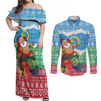 Personalised Sanma Joyeux Noel Couples Matching Off Shoulder Maxi Dress and Long Sleeve Button Shirt Proud To Be a Ni-Van Sand Drawing Art LT9 Blue - Polynesian Pride