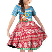 Personalised Sanma Joyeux Noel Family Matching Off Shoulder Short Dress and Hawaiian Shirt Proud To Be a Ni-Van Sand Drawing Art LT9 Daughter's Dress Blue - Polynesian Pride