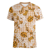 Mokihana Maile Ilima Leis Paniolo Palaka Women V-Neck T-Shirt Hawaiian Kula Spirit LT9 Female Gold - Polynesian Pride