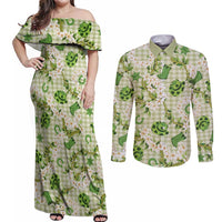 Mokihana Maile Ilima Leis Paniolo Palaka Couples Matching Off Shoulder Maxi Dress and Long Sleeve Button Shirt Hawaiian Omaomo Ala Spirit LT9 Green - Polynesian Pride