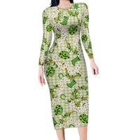 Mokihana Maile Ilima Leis Paniolo Palaka Long Sleeve Bodycon Dress Hawaiian Omaomo Ala Spirit LT9 Long Dress Green - Polynesian Pride