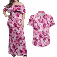 Mokihana Maile Ilima Leis Paniolo Palaka Couples Matching Off Shoulder Maxi Dress and Hawaiian Shirt Hawaiian Omaomo Ulaula Spirit LT9 Pink - Polynesian Pride