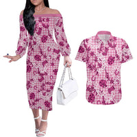 Mokihana Maile Ilima Leis Paniolo Palaka Couples Matching Off The Shoulder Long Sleeve Dress and Hawaiian Shirt Hawaiian Omaomo Ulaula Spirit LT9 Pink - Polynesian Pride