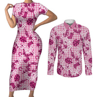 Mokihana Maile Ilima Leis Paniolo Palaka Couples Matching Short Sleeve Bodycon Dress and Long Sleeve Button Shirt Hawaiian Omaomo Ulaula Spirit LT9 Pink - Polynesian Pride