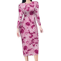 Mokihana Maile Ilima Leis Paniolo Palaka Long Sleeve Bodycon Dress Hawaiian Omaomo Ulaula Spirit LT9 Long Dress Pink - Polynesian Pride