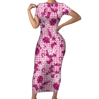 Mokihana Maile Ilima Leis Paniolo Palaka Short Sleeve Bodycon Dress Hawaiian Omaomo Ulaula Spirit LT9 Long Dress Pink - Polynesian Pride