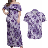Mokihana Maile Ilima Leis Paniolo Palaka Couples Matching Off Shoulder Maxi Dress and Hawaiian Shirt Hawaiian Poni Spirit LT9 Purple - Polynesian Pride