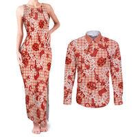 Mokihana Maile Ilima Leis Paniolo Palaka Couples Matching Tank Maxi Dress and Long Sleeve Button Shirt Hawaiian Ulaula Spirit LT9 Red - Polynesian Pride