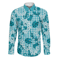 Mokihana Maile Ilima Leis Paniolo Palaka Family Matching Off The Shoulder Long Sleeve Dress and Hawaiian Shirt Hawaiian Polu Opa Spirit LT9 Dad's Shirt - Long Sleeve Turquoise - Polynesian Pride
