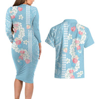 Blue Hawaii Anthurium Plumeria Lei Couples Matching Long Sleeve Bodycon Dress and Hawaiian Shirt