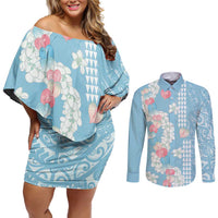 Blue Hawaii Anthurium Plumeria Lei Couples Matching Off Shoulder Short Dress and Long Sleeve Button Shirt