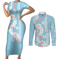 Blue Hawaii Anthurium Plumeria Lei Couples Matching Short Sleeve Bodycon Dress and Long Sleeve Button Shirt