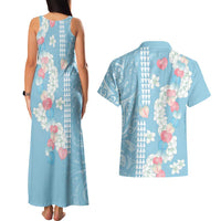 Blue Hawaii Anthurium Plumeria Lei Couples Matching Tank Maxi Dress and Hawaiian Shirt