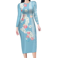 Blue Hawaii Anthurium Plumeria Lei Family Matching Long Sleeve Bodycon Dress and Hawaiian Shirt LT9 Mom's Dress Blue - Polynesian Pride