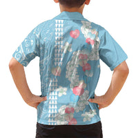 Blue Hawaii Anthurium Plumeria Lei Family Matching Off Shoulder Short Dress and Hawaiian Shirt