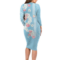 Blue Hawaii Anthurium Plumeria Lei Long Sleeve Bodycon Dress