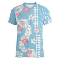 Blue Hawaii Anthurium Plumeria Lei Women V-Neck T-Shirt