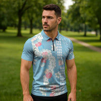 Blue Hawaii Anthurium Plumeria Lei Zipper Polo Shirt