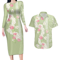 Leaf Green Hawaii Anthurium Plumeria Lei Couples Matching Long Sleeve Bodycon Dress and Hawaiian Shirt