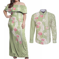 Leaf Green Hawaii Anthurium Plumeria Lei Couples Matching Off Shoulder Maxi Dress and Long Sleeve Button Shirt