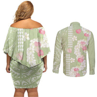 Leaf Green Hawaii Anthurium Plumeria Lei Couples Matching Off Shoulder Short Dress and Long Sleeve Button Shirt