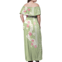 Leaf Green Hawaii Anthurium Plumeria Lei Family Matching Off Shoulder Maxi Dress and Hawaiian Shirt