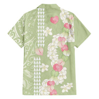 Leaf Green Hawaii Anthurium Plumeria Lei Family Matching Off Shoulder Short Dress and Hawaiian Shirt