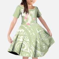 Leaf Green Hawaii Anthurium Plumeria Lei Family Matching Puletasi and Hawaiian Shirt LT9 Daughter's Dress Green - Polynesian Pride