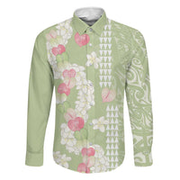 Leaf Green Hawaii Anthurium Plumeria Lei Family Matching Puletasi and Hawaiian Shirt LT9 Dad's Shirt - Long Sleeve Green - Polynesian Pride