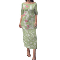Leaf Green Hawaii Anthurium Plumeria Lei Family Matching Puletasi and Hawaiian Shirt LT9 Mom's Dress Green - Polynesian Pride