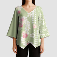 Leaf Green Hawaii Anthurium Plumeria Lei Kimono Sleeve Blouse