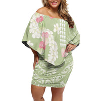 Leaf Green Hawaii Anthurium Plumeria Lei Off Shoulder Short Dress