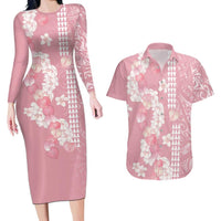 Soft Pink Hawaii Anthurium Plumeria Lei Couples Matching Long Sleeve Bodycon Dress and Hawaiian Shirt