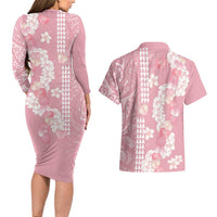 Soft Pink Hawaii Anthurium Plumeria Lei Couples Matching Long Sleeve Bodycon Dress and Hawaiian Shirt