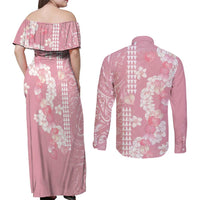 Soft Pink Hawaii Anthurium Plumeria Lei Couples Matching Off Shoulder Maxi Dress and Long Sleeve Button Shirt