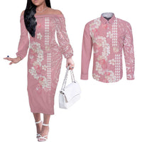 Soft Pink Hawaii Anthurium Plumeria Lei Couples Matching Off The Shoulder Long Sleeve Dress and Long Sleeve Button Shirt