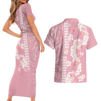 Soft Pink Hawaii Anthurium Plumeria Lei Couples Matching Short Sleeve Bodycon Dress and Hawaiian Shirt