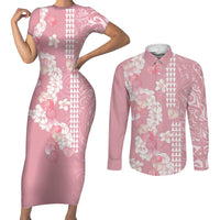 Soft Pink Hawaii Anthurium Plumeria Lei Couples Matching Short Sleeve Bodycon Dress and Long Sleeve Button Shirt