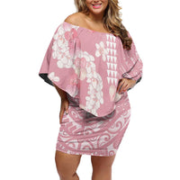 Soft Pink Hawaii Anthurium Plumeria Lei Family Matching Off Shoulder Short Dress and Hawaiian Shirt