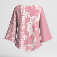 Soft Pink Hawaii Anthurium Plumeria Lei Kimono Sleeve Blouse