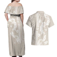 Suede Beige Hawaii Anthurium Plumeria Lei Couples Matching Off Shoulder Maxi Dress and Hawaiian Shirt
