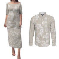 Suede Beige Hawaii Anthurium Plumeria Lei Couples Matching Puletasi and Long Sleeve Button Shirt