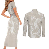 Suede Beige Hawaii Anthurium Plumeria Lei Couples Matching Short Sleeve Bodycon Dress and Long Sleeve Button Shirt