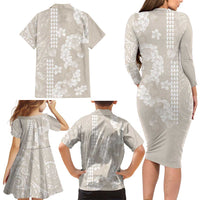 Suede Beige Hawaii Anthurium Plumeria Lei Family Matching Long Sleeve Bodycon Dress and Hawaiian Shirt LT9 - Polynesian Pride